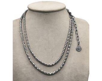 Signed GRAZIANO Chain Necklace Tubular Gun metal Color 38" Long