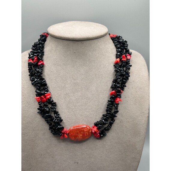 Vintage Black Onyx and Red Sponge Coral Necklace … - image 3