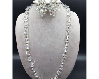 Vintage Glass Necklace & Clip On Earrings Dangles AB Finish Clear Beaded Jewelry