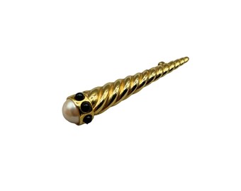 Richelieu Vintage Spiral Pin Brooch Gold Tone & Black Cabochons with Pearl Pin