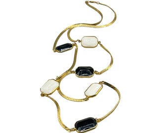 Vintage 90s Gold Tone Necklace with Black & White Acrylic Stones 28" Long