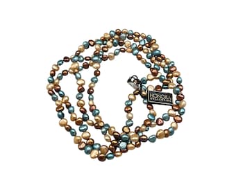 HONORA Dyed Pearls Necklace Long 60" Strand Blue Gold Brown Beaded Irregular Pearls