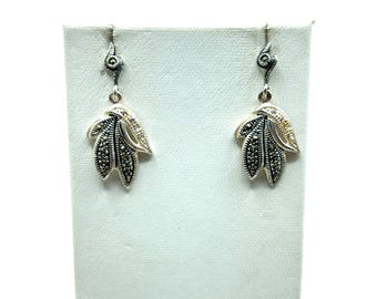Sterling Silver Dangles Earrings Pierced Leaves With Marcasites Stones