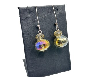 Faceted Aurora Borealis Crystal Beads Earrings Dangles Sterling Silver 925 Hooks