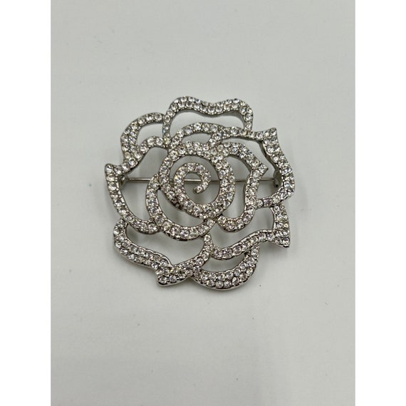 Vintage Rhinestone Pave Rose Flower Pin Brooch Si… - image 4