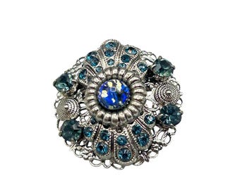 Vintage Unsigned WEST GERMANY Petite Pin Brooch Silver Tone With Blue Glass Rhinestones