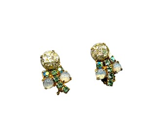 Vintage Rhinestone Clip-On Earrings with Iridescent & Sparkling Glass Stones