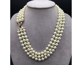 Vintage Multi Strand Faux Pearls Necklace Retro Classic Necklace Hand Knotted