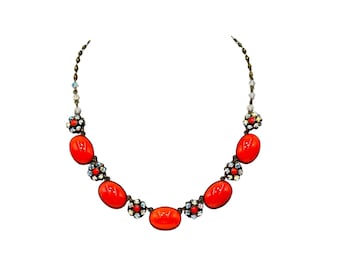 Liz Palacios Necklace Red Glass Cabochons & Rhinestones Flowers 80s 90s Jewelry
