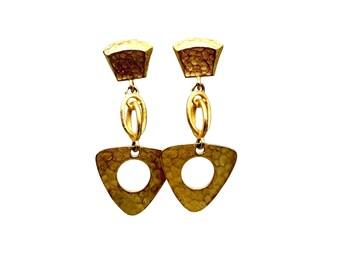 Vintage Statement Earrings Matte Gold Hammered Design Long Bold Dangles Drops
