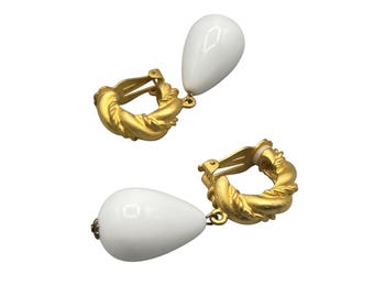 Vintage Clip On Earrings Matte Gold Tone With Tear Shaped White Drops 90s Earrings