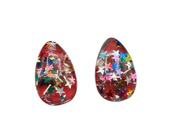 Vintage Confetti Lucite Drops Earrings Clip On Red Color With Star Shaped Confetti Glitters