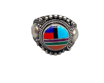 Vintage Zuni Sterling Silver Inlay Ring Signed Size 6.5 Native American Ring