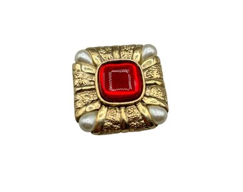 Vintage Red & Gold Brooch Square Design with Pearl Drops Corners Costume Jewelry