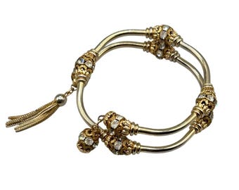 Ornate Gold Tone Wrap Coil Bracelet Rhinestones Tassel Accent Haskell Style