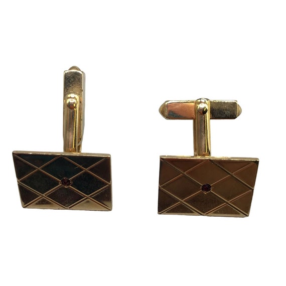 Diamond Pattern with Red Stone Cufflinks Signed S… - image 1