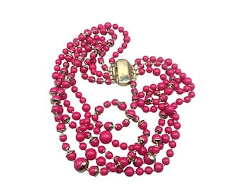 Vintage Multi Strand Necklace Hot Pink Plastic Beads Gold Caps Accents
