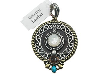 Carolyn Pollack Relios Sterling Silver Brass Pendant Mother of Pearl Turquoise With Leather Back