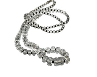 Vintage Art Deco Necklace Faceted Clear Rondelle Glass Beads Graduated 32" Long