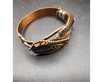 Whiting & Davis Hinged Bangle Bracelet Mid Century Copper Leaves Design Signed