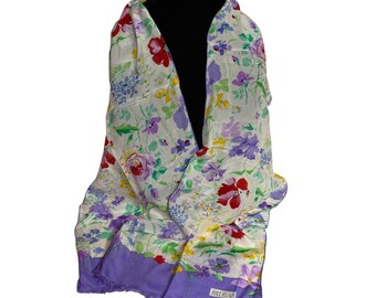 Vintage BILL BLASS Rectangular Silk Scarf Purple Flowers Spring Design Hand Rolled