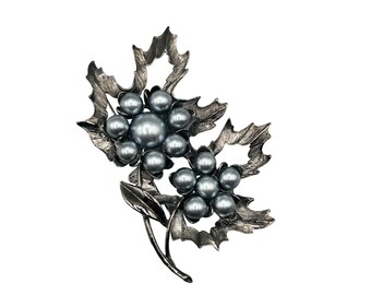 Vintage M. Jent Silver Tone Leaf Brooch with Faux Pearl Grape Flower Clusters