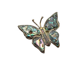 Vintage Alpaca Silver Butterfly Pin Brooch Abalone Shell Wings Made in Mexico