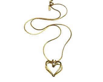 Vintage Gold Tone Heart Pendant Necklace with Faux Diamond Accent Love Necklace