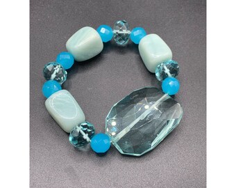 Beaded Stretch Bracelet Cool Multi Shade Blue Tones Glass and Stones