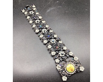MX Signed Wide Flowers Bracelet Black Tone Michael Morrison Designer Jewelry