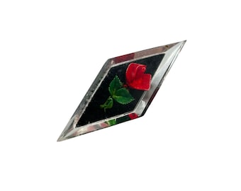Vintage Carved Lucite Pin Brooch Red Rose Flower Diamond Shaped Pin