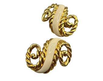 TRIFARI TM 90s Clip On Earrings Vintage Gold Tone And Cream Enamel Swirls