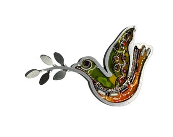 Handcrafted Dove of Peace Pin Bird Brooch Poured Resin and Beads Aluminum Frame