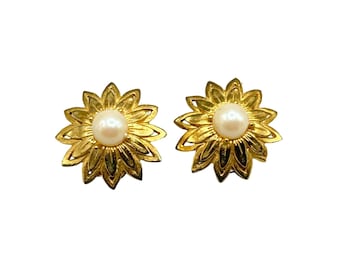Vintage Kramer Clip On Earrings with Faux Pearl Center Gold Tone Flower Design