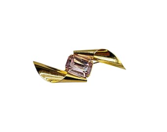 Vintage 80s Gold Tone Brooch with Lilac Rhinestone & Twisted Bow Design