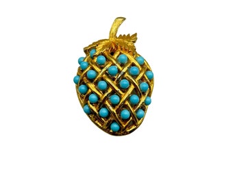 Signed De Nicola Fruit Pin Brooch Berry Turquoise Ballotini Balls Gold Tone