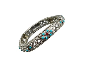 GRAZIANO Elastic Stretch Bracelet Silver Tone And Turquoise Ballotini Beads