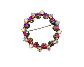 Vintage Pink AB Glass Rhinestones Wreath Circle Brooch Pin Christmas Holiday Pin