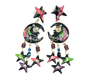 Lunch At The Ritz Celestial Colorful Earrings Stars Moons Enameled Rhinestones