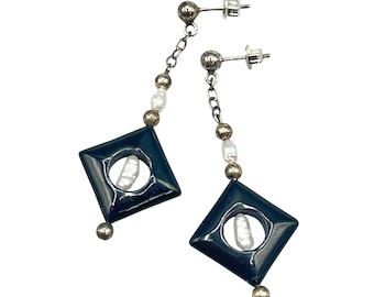 Vintage Onyx And Pearls Earrings Sterling Silver Dangles Drops Diamond Shaped