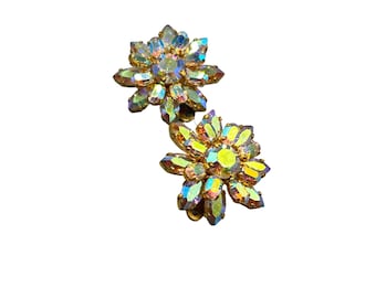 Signed Austria Vintage Clip On Earrings Floral AB Rhinestones Gold Tone Setting