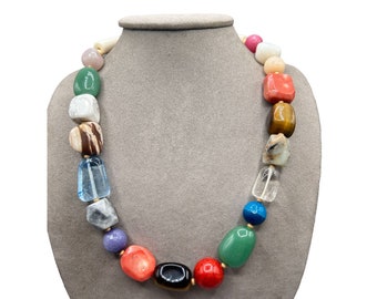 Genuine Gemstones Necklace Colorful Multicolor Chunky Beads with Fish Hook Clasp