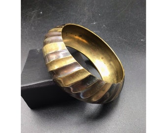 Brass Bangle Bracelet Two Tones Ribbed Vintage Chunky Wide Metal Bracelet