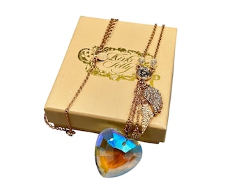 KIRKS FOLLY  Heart And Wings Chain Necklace Pendant Multicolor Crystal With Box