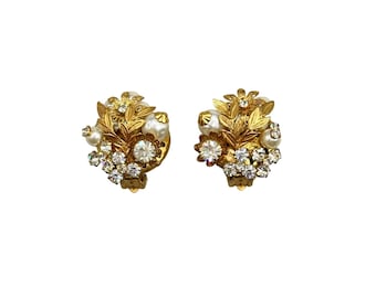 Vintage De Mario Haskell Style Earrings Floral Pearl Crystals Gold Tone UNSIGNED