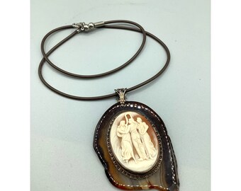 Hand Carved Cameo Pendant on Agate Slab Three Graces Genuine Shell Sterling Bail