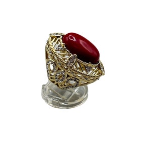 Chunky Statement Ring Size 7 Gold Tone & Red Faux Stone Oversized Fun Jewelry