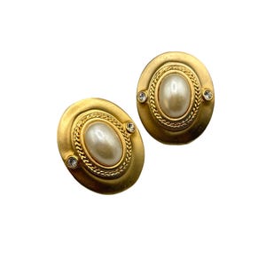 Vintage 80s Gold Tone Clip On Earrings with Faux Pearl & Rhinestones Oval Shaped