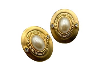 Vintage 80s Gold Tone Clip On Earrings with Faux Pearl & Rhinestones Oval Shaped
