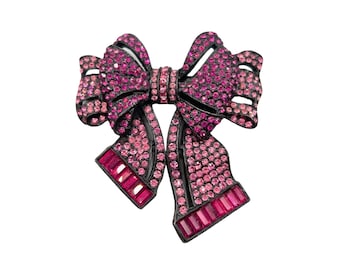 Vintage Signed Vendome Pink Rhinestones Ribbon Bow Brooch Japanned Metal